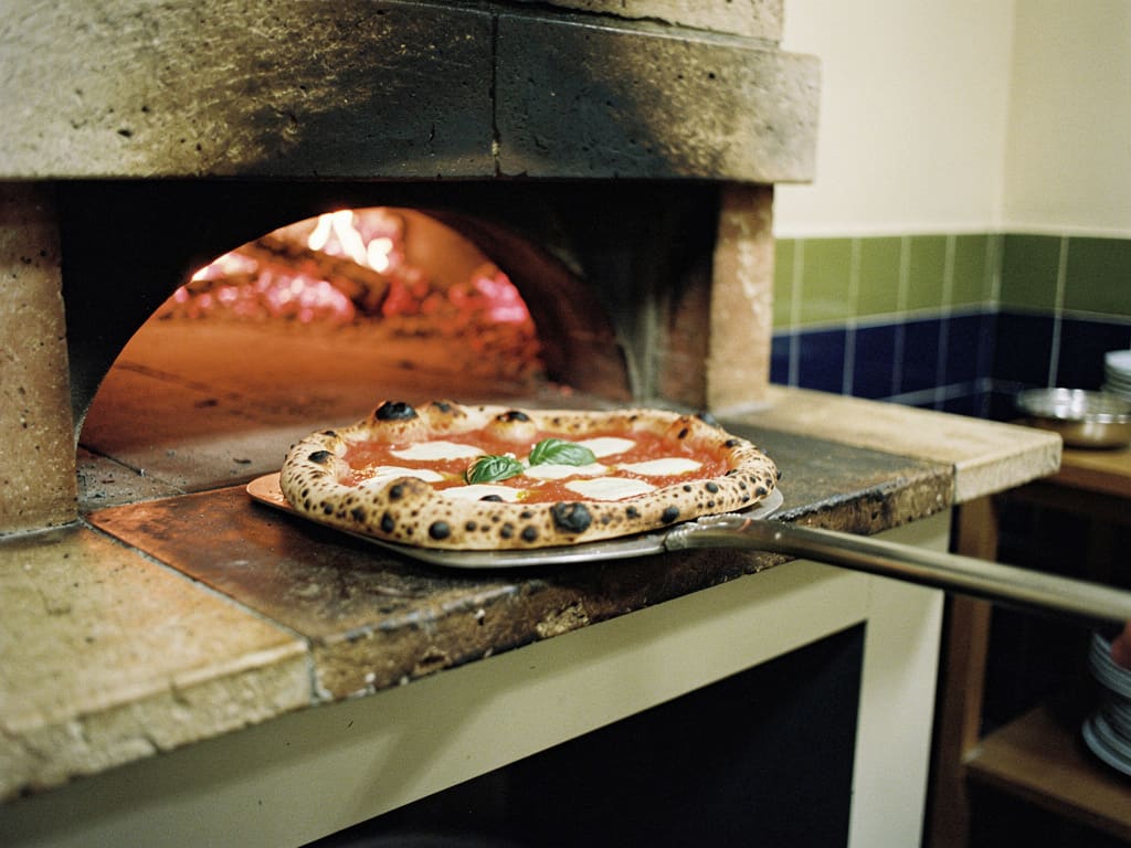 Pizza napoletana appena sfornata nel forno a legna