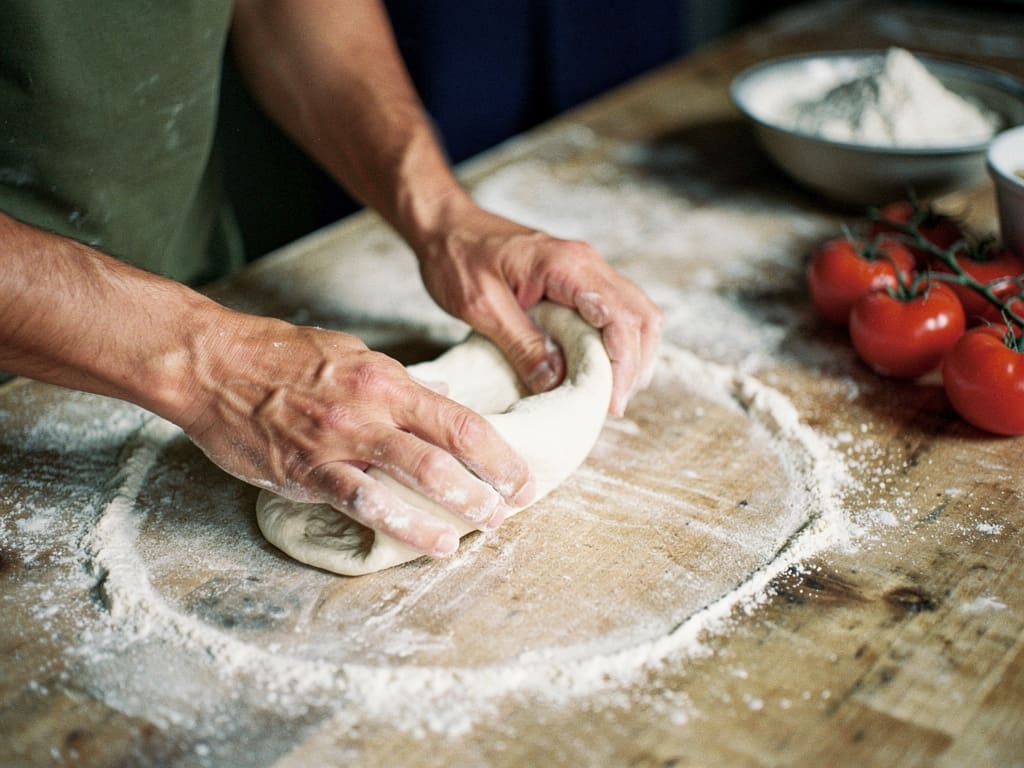 Impasto artigianale lavorato a mano sul banco della pizzeria